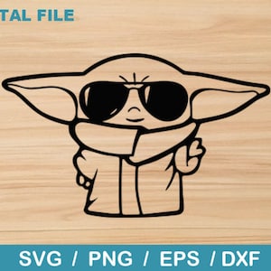 Könnte beinhalten: Schwarz-weiße digitale Datei eines Zeichentrickcharakters mit Sonnenbrille und Schal. Die Figur zeigt das Friedenszeichen. Die Worte "DIGITAL FILE" stehen oben und "SVG / PNG / EPS / DXF" unten.