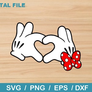 Manos de corazón para el día de San Valentín de Minnie Mouse y Mickey Mouse: descarga digital, descarga instantánea, archivos svg, dxf, eps y png incluidos.