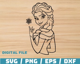 May include: Black and white line art illustration of a cartoon princess with long hair and a snowflake in her hand.