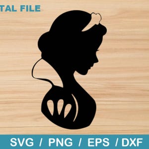 May include: Black silhouette of a woman with a crown, possibly Snow White, against a woodgrain background.