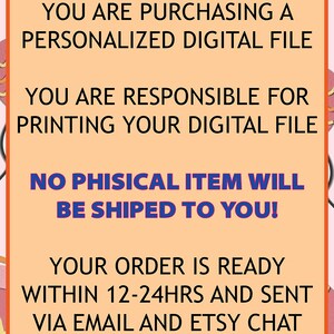 Puede incluir: Aviso de compra de archivo digital con texto sobre fondo melocot&oacute;n. El texto indica que el comprador es responsable de imprimir el archivo y que no se enviar&aacute; ning&uacute;n art&iacute;culo f&iacute;sico. El pedido est&aacute; listo en 12-24 horas y se env&iacute;a por correo electr&oacute;nico y chat de Etsy.