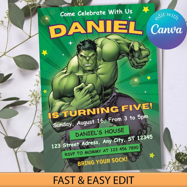 Hulk Editable Invitation, Super Heroes Birthday Invitation, The Hulk Birthday Invitation, Canva Template