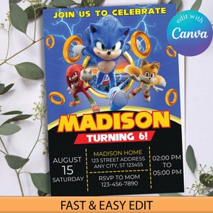 Sonic The Hedgehog verjaardagsuitnodiging, bewerkbare digitale verjaardagsuitnodiging, digitale Sonic uitnodigen, Sonic verjaardagssjabloon afdrukbaar