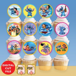 Decorazioni per cupcake stampabili a tema Lilo e Stitch, decorazioni per cupcake hawaiane per feste di compleanno di Lilo e Stitch, decorazioni per cupcake digitali