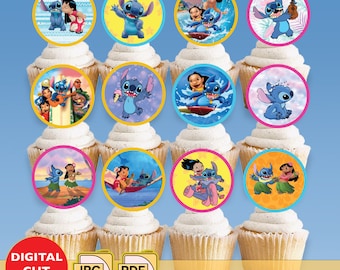 Adornos imprimibles para cupcakes de Lilo y Stitch, fiesta de cumpleaños de Lilo y Stitch, adornos hawaianos para cupcakes, adorno digital para cupcakes.