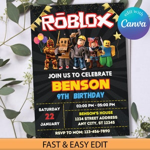 May include: A colorful invitation for a 9th birthday party featuring a Roblox theme. The invitation has a black background with a yellow border and features a group of Roblox characters. The text on the invitation reads "Join us to celebrate Benson 9th Birthday" and includes the date, time, and location of the party.
