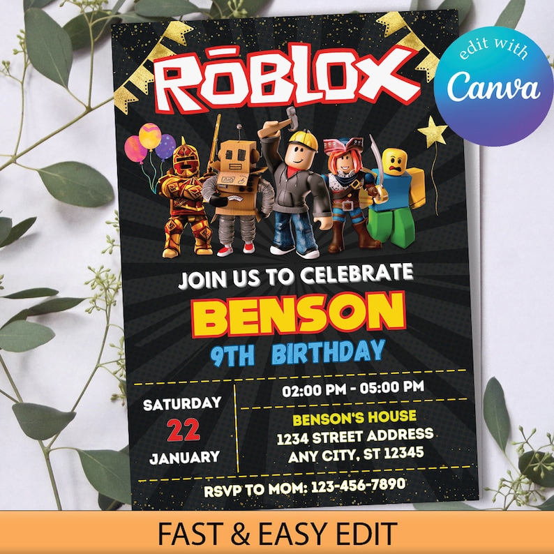 May include: A colorful invitation for a 9th birthday party featuring a Roblox theme. The invitation has a black background with a yellow border and features a group of Roblox characters. The text on the invitation reads "Join us to celebrate Benson 9th Birthday" and includes the date, time, and location of the party.