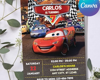 Cars Birthday Invitation, Cars Lightning McQueen Invitation, Kids Birthday Invitation, Birthday Template Printable, Canva Printable Digital