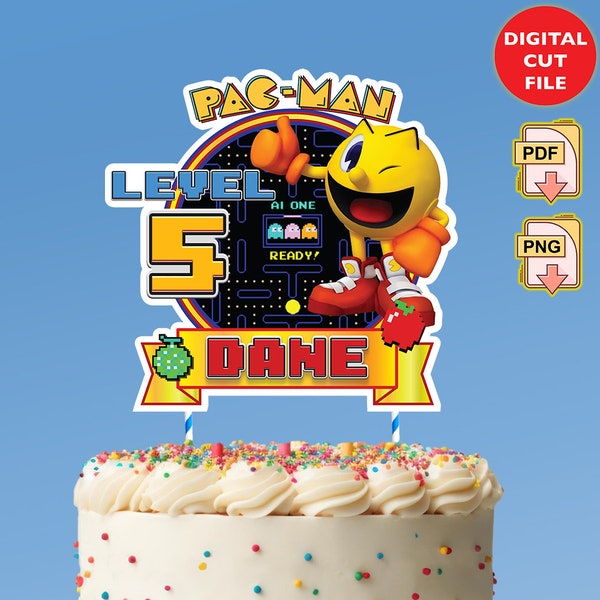Pac Man Arcade Game Printable Cake Topper, Personalized Birthday Party Cake Topper Any Name and Age, personalized, 80s arcade topper
