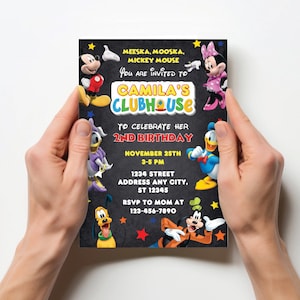 May include: A black chalkboard style invitation with colorful cartoon characters from Mickey Mouse Clubhouse. The invitation is for Camila's 2nd birthday party. The text reads "Meeska, Mooska, Mickey Mouse You are invited to Camila's Clubhouse To celebrate her 2nd Birthday November 25th 3-5 PM 1234 Street Address Any City, ST 12345 RSVP to Mom at 123-456-7890"