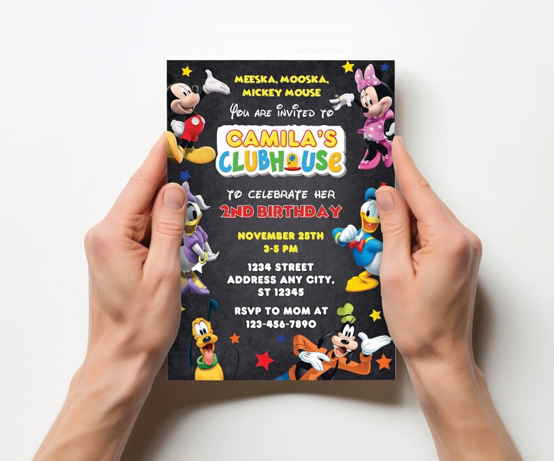 May include: A black chalkboard style invitation with colorful cartoon characters from Mickey Mouse Clubhouse. The invitation is for Camila's 2nd birthday party. The text reads "Meeska, Mooska, Mickey Mouse You are invited to Camila's Clubhouse To celebrate her 2nd Birthday November 25th 3-5 PM 1234 Street Address Any City, ST 12345 RSVP to Mom at 123-456-7890"