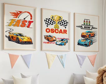 Personalized Sports Racing Car Wall Art for Boys, Custom Name Race Car Nursery Decor, Car Theme Kids Room Art