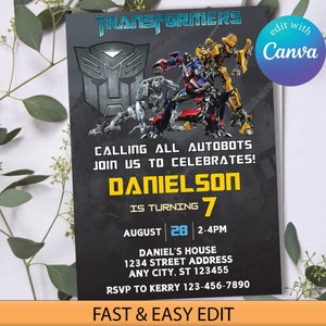 Modèle d'invitation d'anniversaire Transformers Rescue Bots modifiable, invitation Optimus Prime, invitation Bumblebee, fête Transformers