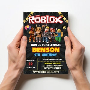 May include: A black and gold birthday invitation with a Roblox theme. The invitation features a group of Roblox characters and the text "Join us to celebrate Benson 9th Birthday". The invitation also includes the date, time, and location of the party.