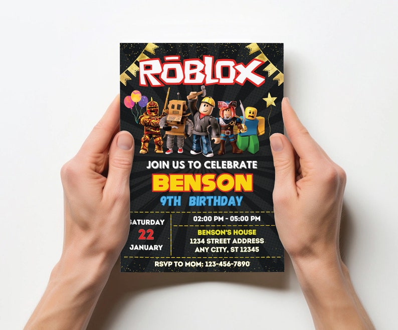 May include: A black and gold birthday invitation with a Roblox theme. The invitation features a group of Roblox characters and the text "Join us to celebrate Benson 9th Birthday". The invitation also includes the date, time, and location of the party.