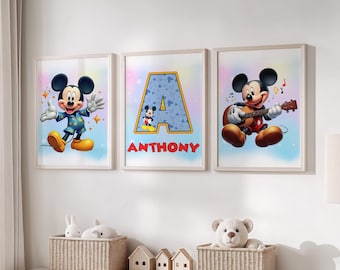 Décoration murale personnalisée Mickey Mouse pour chambre d'enfant, lot de 3 impressions à télécharger, panneau de nom personnalisé, décoration de chambre de garçon imprimable