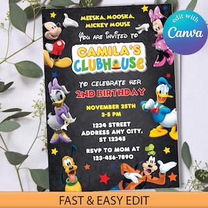 May include: A colorful invitation for a 2nd birthday party featuring Mickey Mouse, Minnie Mouse, Donald Duck, Goofy, and Daisy Duck. The invitation is on a black chalkboard background with yellow stars and red, blue, and green accents. The text reads "Meeska, Mooska, Mickey Mouse You are invited to Camila's Clubhouse To celebrate her 2nd Birthday November 25th 3-5 PM 1234 Street Address Any City, ST 12345 RSVP to Mom at 123-456-7890".