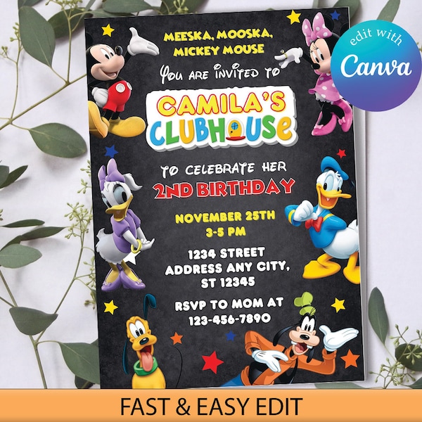 Editable Mickey Birthday Invitation, Clubhouse Birthday Invitation, Clubhouse Invitation, Mickey Invite, Editable Canva