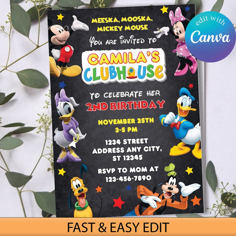 May include: A colorful invitation for a 2nd birthday party featuring Mickey Mouse, Minnie Mouse, Donald Duck, Goofy, and Daisy Duck. The invitation is on a black chalkboard background with yellow stars and red, blue, and green accents. The text reads "Meeska, Mooska, Mickey Mouse You are invited to Camila's Clubhouse To celebrate her 2nd Birthday November 25th 3-5 PM 1234 Street Address Any City, ST 12345 RSVP to Mom at 123-456-7890".