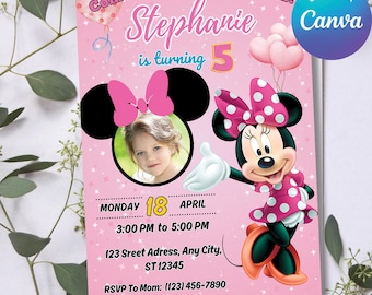 Editable Photo Minnie Mouse Birthday Invitation, Girl Birthday Invitation with Picture, Personalized Minnie Mouse Invite with Photo