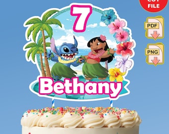 Lilo and Stitch Printable Cake Topper, Personalized Birthday Party Cake Topper Any Name and Age, Hawaiian Party, Stitch Kids Party