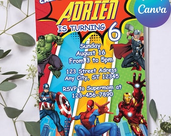 Avengers Invitation Editable Template, Superhero Birthday Invitation, Superheroes Party Invite, Editable Birthday Party Invitation