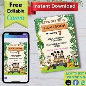 K&ouml;nnte beinhalten: Eine bearbeitbare Einladung zu einer Geburtstagsfeier f&uuml;r ein 7-j&auml;hriges Kind mit Dschungel-Thema. Die Einladung zeigt Mickey Mouse und seine Freunde in einem Jeep mit dem Text "Let's Get Wild Cameron wird 7".