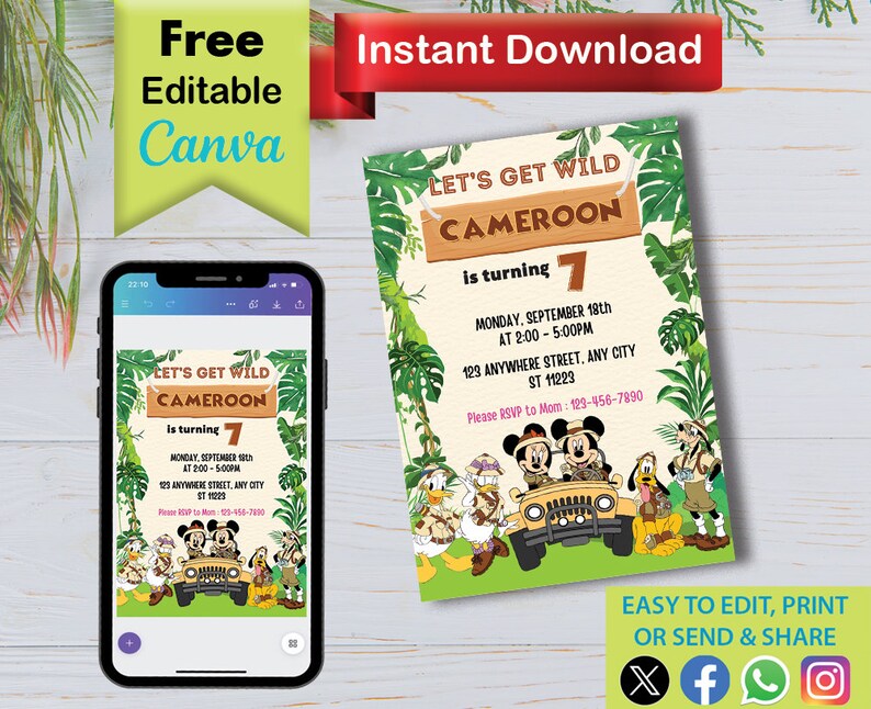 K&ouml;nnte beinhalten: Eine bearbeitbare Einladung zu einer Geburtstagsfeier f&uuml;r ein 7-j&auml;hriges Kind mit Dschungel-Thema. Die Einladung zeigt Mickey Mouse und seine Freunde in einem Jeep mit dem Text "Let's Get Wild Cameron wird 7".
