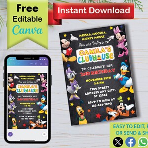 May include: A printable invitation for a child's 2nd birthday party. The invitation features a chalkboard background with colorful cartoon characters from Mickey Mouse Clubhouse. The text on the invitation reads "Meeska, Mooska, Mickey Mouse You are invited to Camila's Clubhouse to celebrate her 2nd birthday. November 25th 3-5 pm 1234 Street Address Any City, ST 12345 RSVP to Mom at 123-456-7890."