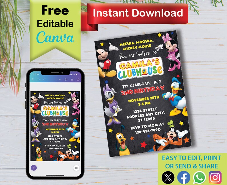 May include: A printable invitation for a child's 2nd birthday party. The invitation features a chalkboard background with colorful cartoon characters from Mickey Mouse Clubhouse. The text on the invitation reads "Meeska, Mooska, Mickey Mouse You are invited to Camila's Clubhouse to celebrate her 2nd birthday. November 25th 3-5 pm 1234 Street Address Any City, ST 12345 RSVP to Mom at 123-456-7890."