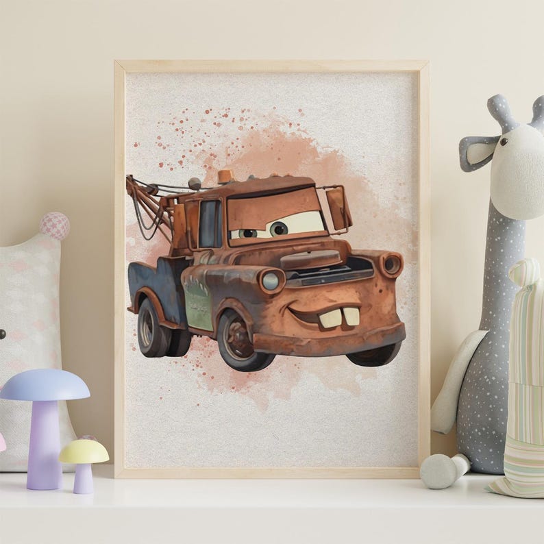 Peut inclure: Illustration &agrave; l'aquarelle d'une d&eacute;panneuse marron souriante, sur fond clair avec des &eacute;claboussures de peinture orange. Le camion a des accents bleus et verts et est encadr&eacute; dans un cadre en bois clair.