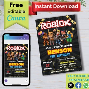 May include: Editable invitation template for a Roblox themed birthday party. The invitation features a black background with a gold Roblox logo and a cartoon image of Roblox characters. The text on the invitation reads "Join us to celebrate Benson 9th Birthday" and includes the date, time, and location of the party. The invitation also includes a phone number for RSVP.