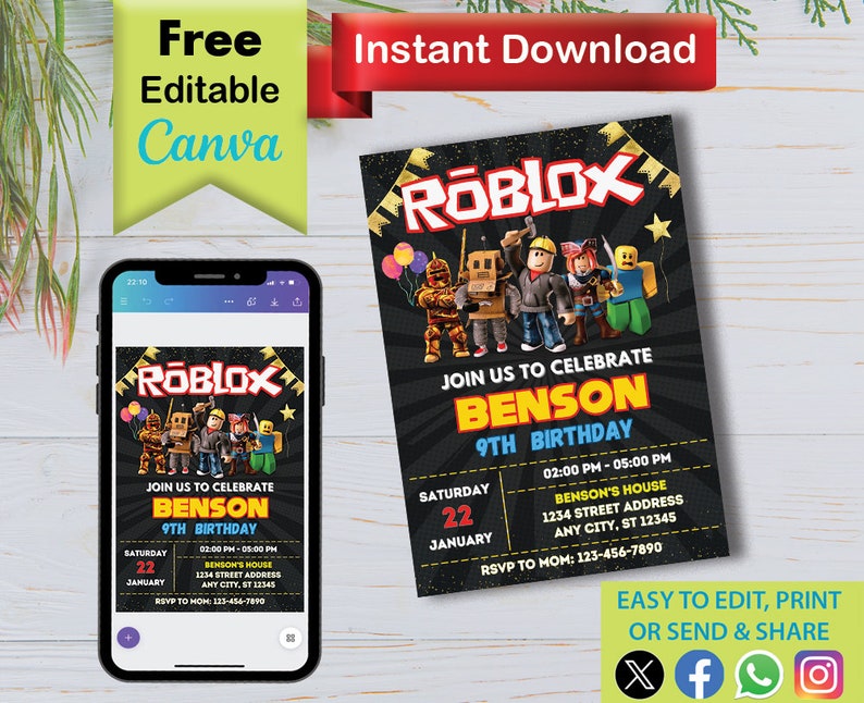 May include: Editable invitation template for a Roblox themed birthday party. The invitation features a black background with a gold Roblox logo and a cartoon image of Roblox characters. The text on the invitation reads "Join us to celebrate Benson 9th Birthday" and includes the date, time, and location of the party. The invitation also includes a phone number for RSVP.