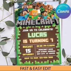 Minecraft Birthday Invitation, Gamer Birthday Invite, Minecrafter Birthday Invitation, Editable Canva Birthday Invitation, Gaming Party