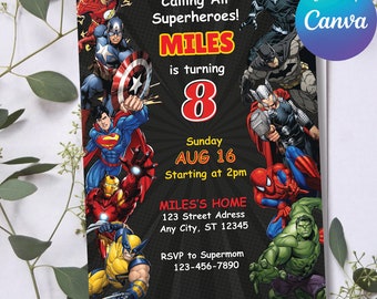 Editable Superheroes Birthday Invitation Template, Spider-Man Iron Man Birthday Invite, Avengers Party Editable Template