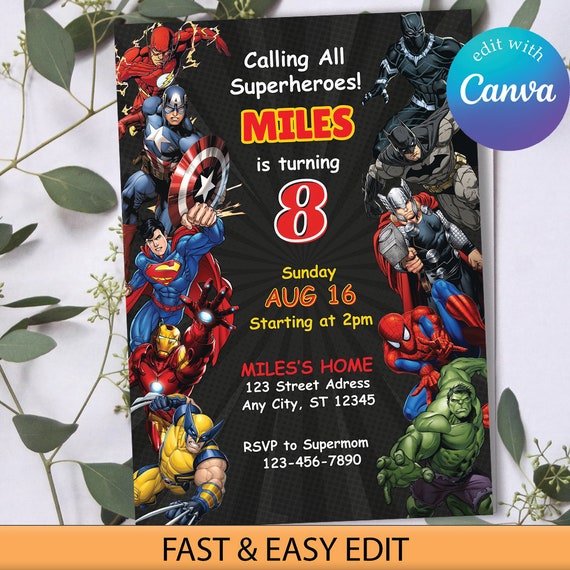 Editable Superheroes Birthday Invitation Template, Spider-Man Iron Man Birthday Invite, Avengers Party Editable Template
