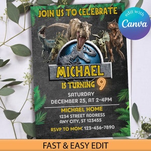 Könnte beinhalten: Eine Dinosaurier-Geburtstagseinladung für einen Jungen, der 9 Jahre alt wird. Die Einladung zeigt ein blaues und grünes Dinosaurier-Logo mit dem Text "MICHAEL IS TURNING 9" in Gelb. Die Einladung enthält auch das Datum und die Uhrzeit der Party, den Namen des Kindes und die Adresse.