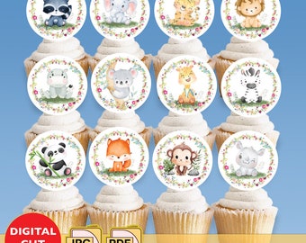 Animals Safari Baby Shower Birthday Cupcake Decor, Printable Topper Instant Download, Safari Party Decoration