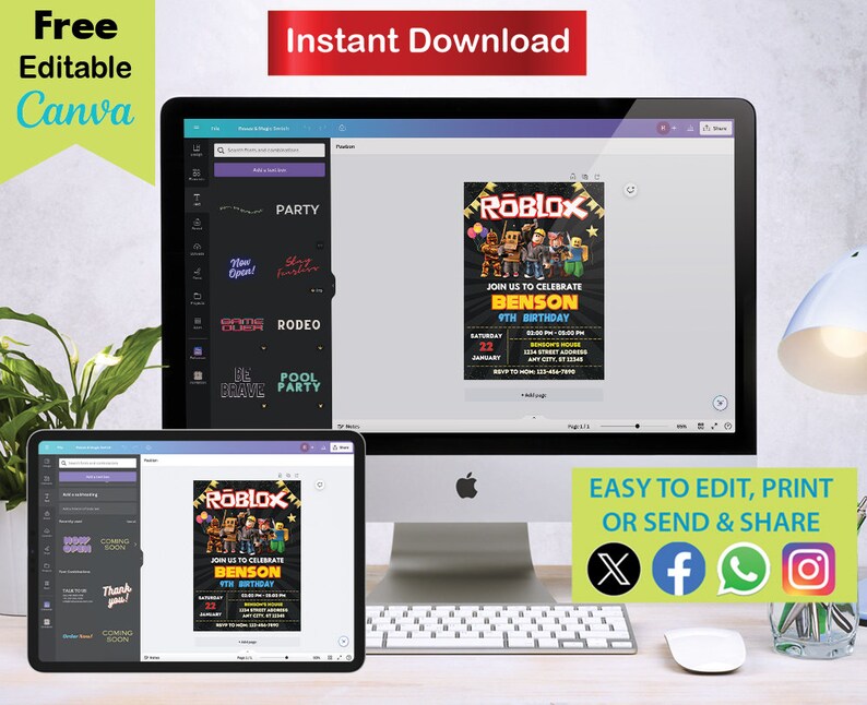May include: A digital mockup of a computer screen and tablet showing a customizable Roblox birthday invitation template. The invitation features a black background with colorful Roblox characters and the text "Join us to celebrate Benson 9th Birthday".