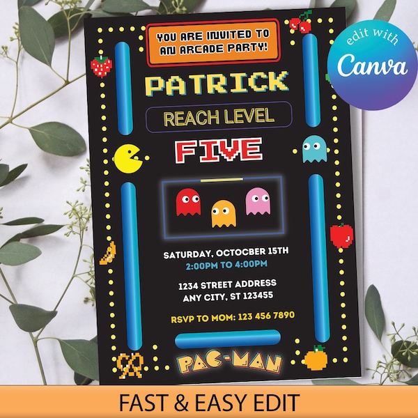 EDITABLE Pac Man Birthday Invitation, Arcade Party, Gamer Birthday, Pac Man Birthday Party, Arcade Game Invitation