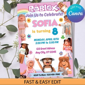 Editable Roblox Girl Invitation, Roblox Girl Birthday Party Theme, Roblox Girls Birthday Invitation Template, Gamer Girl, Editable Canva