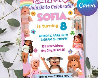 Editable Roblox Girl Invitation, Roblox Girl Birthday Party Theme, Roblox Girls Birthday Invitation Template, Gamer Girl, Editable Canva