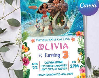 Invito modificabile per la ragazza di compleanno di Baby Moana, festa di compleanno per ragazze, festa di compleanno hawaiana di Moana, invito di compleanno modello Baby Moana