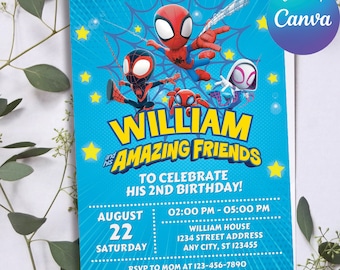 Spidey Birthday Invitation, Spidey and his Amazing Friends Birthday Invite, Editable Superhero Birthday Invitation Canva Template