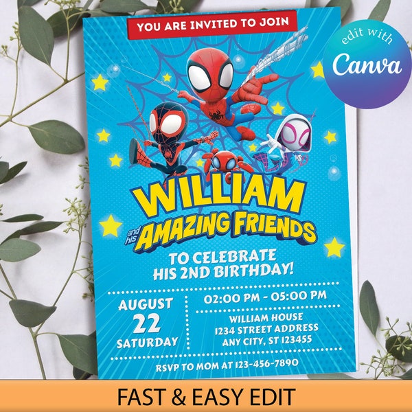 Spidey Birthday Invitation, Spidey and his Amazing Friends Birthday Invite, Editable Superhero Birthday Invitation Canva Template