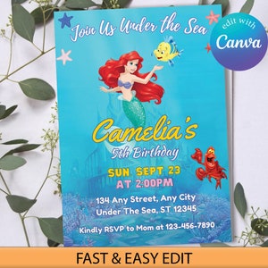 Little Mermaid Ariel Princess Birthday Invitation, Under the Sea Invitation, Princess Birthday Party Invites, Editable Girl Invitation