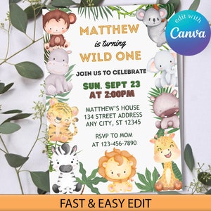 Editable Safari Birthday Invitation, Wild One 1st Birthday Invite, Jungle Animals Invitations, Jungle Safari Theme First Birthday