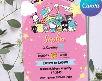 Digital Editable Kawaii Cat Invitation Template | Digital Editable Kitty and Friends Invitation Canva File Template| Happy Birthday