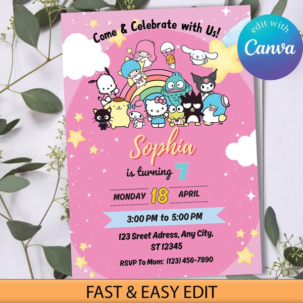 Digital Editable Kawaii Cat Invitation Template | Digital Editable Kitty and Friends Invitation Canva File Template| Cute Birthday Card