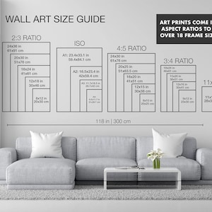 Peut inclure: Guide des tailles d'art mural avec dimensions en pouces et centim&egrave;tres. Comprend les ratios 2:3, ISO, 4:5 et 3:4, ainsi que 11x14. Les tailles affich&eacute;es incluent 24x36 in (61x91 cm) et A1: 23.4x33.1 in (59.4x84.1 cm). Texte : "Les tirages d'art sont disponibles en 5 formats pour plus de 18 tailles de cadres !"